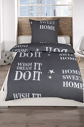 MB Warenhandel24 Bettwäsche Home Sweet Home Anthrazit Renforcé 100% Baumwolle 135x200 Bettbezug + 80x80 Kissenbezug mit Reißverschluss (2 teilig)