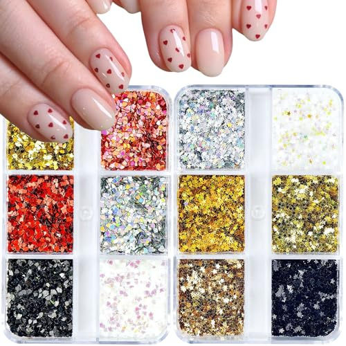 Holographic Heart & Star Nail Art Sequins,2 Boxes 12Grids Sparkling Valentine's Day Glitter Sequins,Laser Heart Love Star Nail Glitter Manicure Design Decorations for Women Girls DIY Supplies (A-)