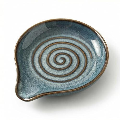 Ceramic Spoon Rest, 6 Inch Spiral Design Large Spoon Rest Kitchen,Handcrafted Glazed Stoneware Tea Spoon Holder Heat Resistant, Dishwasher Safe Utensil Holder for Rustic or Modern Kitchens (Blue)