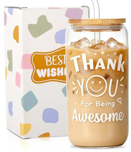 saerryor Thank You Gifts for Women,Glass Iced Coffee Cup for Bubble Tea | Appreciation Gifts for Employees Teachers Colleagues Coworkers,Leaving Present for Her