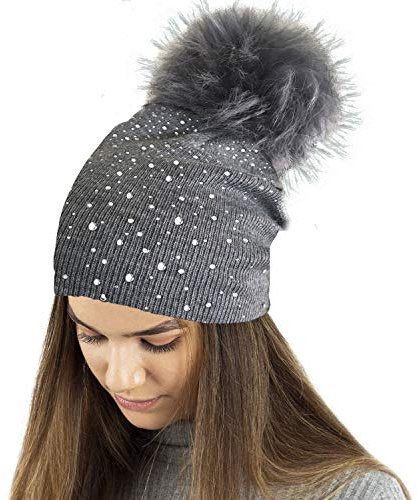 TOSKATOK® Damen Fine Strick Diamante Glitter Applikation Winter Beanie Mutze mit groß Fälschung Fellbommel