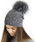 TOSKATOK® Ladies Fine Knit Winter Mütze mit Glitzerapplikation und Großem Pompom aus Kunstfell