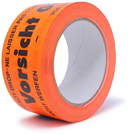 gws Hinweis-Klebeband Vorsicht Glas 1 Rolle Flurorange PVC | Kräftiges Verpackungsklebeband in Profi-Qualität | Warnband Paketband | 50 mm x 66 m