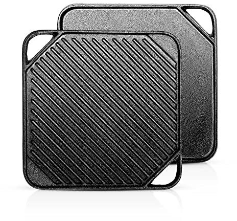 1-Piece 10.6 inch Cast Iron Griddle Plate | Reversible Square Cast Iron Grill Pan for Single Burner| Double Sided Used on Open Fire & in Oven | Pre-Seasoned |Versatile Baking Cast Iron Grill