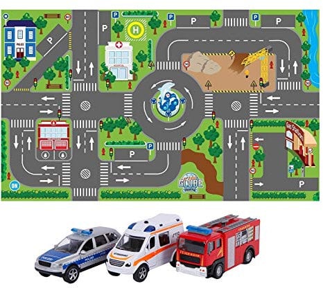 Kids Globe Spielteppich mit Auto Set (leuchtende Ampeln, Kinder-Teppich mit Feuerwehrauto Polizeiauto Rettungswagen, Größe 120x72 cm, inkl. Batterie)