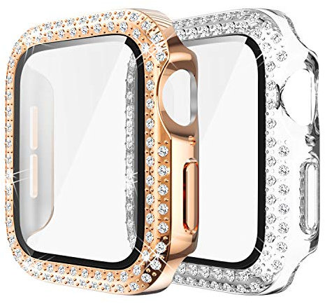 Yolovie (2-Stück) Kompatibel für Apple Watch 44mm Hülle für SE Serie 6 5 4 Gehäuse mit Displayschutzfolie aus gehärtetem Glas, Bling Cover Diamonds für iWatch Girl (44mm Transparent/Rosegold