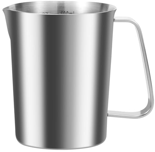 Jarra de leche de 500 ml con mango de graduación fino, medidora de acero inoxidable, para casa, cocina, restaurante, bar, cafetería, punto de encuentro (500 ml)