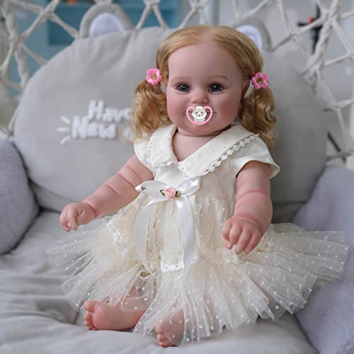 MineeQu 50CM Premie Baby Größe Verwurzeltes Blond Haar Süßes Lächeln Wiedergeborene Babypuppen Silikon Vinyl Ganzkörper Realistisch Neugeborenes Mädchen Prinzessin Puppen Aussehen Echt Kuschelkörper