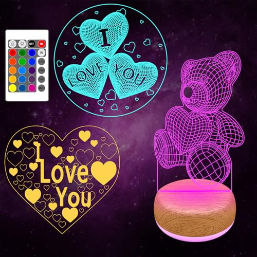 ALEENFOON Teddybär Herz 3D Illusion Lampe, Ich Liebe Dich 3D Nachtlicht mit 16 Farben Ändern und Fernbedienung, Schreibtischlampe Dimmbar, Geschenk für Jungen und Mädchen
