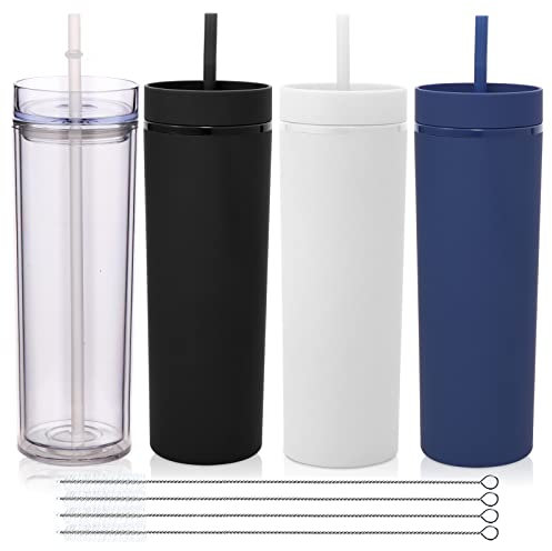 Volhoply 600ml Tumbler en Plastique Réutilisables Lot de 4,Tasse en Plastique à Double Paroi avec Couvercle et Paille,Gobelets à Café en Acrylique de Matte Libre BPA pour Soirées(Assortiment,4 Set)