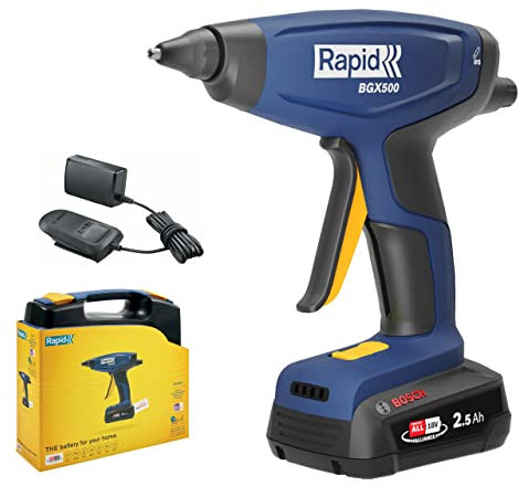 Rapid BGX500 18V P4A Battery-Powered Cordless Glue Gun - DIY Glue Gun with Quick Warm-Up, Glue Flow Adjuster, LED Heat Indicator, Perfect for DIY and Installation, with Battery and Charger (5001515)