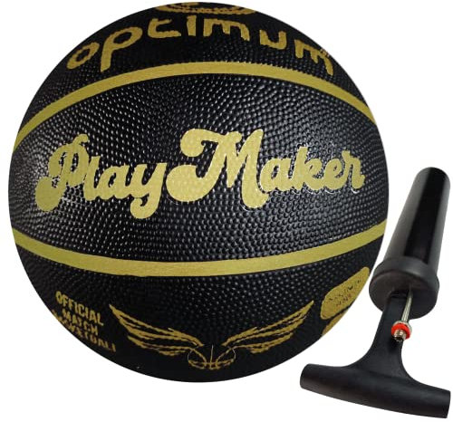 Optimum Play Maker Basketball - Quality Korean Rubber Balanced Weight - Great Flight and Accuracy - Suitable for Kids, Great for Hours of Basketball Game - Black/Gold - Size 7 with Pump