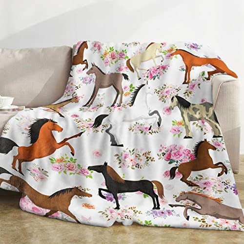 Kuscheldecke Pferd Mädchen, Decke Kinder Pferde, Weich Flanelldecke Pferd mit Blumen, Warm Plüsch Fleece Wohndecke Pferd Blumen für Teenager Frauen Tochter Erwachsene Geburtstagsgeschenke, 130x152cm