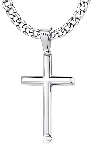 Chriscoco Collar Cruz Plata de Ley 925 Hombre Mujer 5MM Acero Inoxidable Cubano Cadena Con Colgante Cruz Para Hombre y Niños