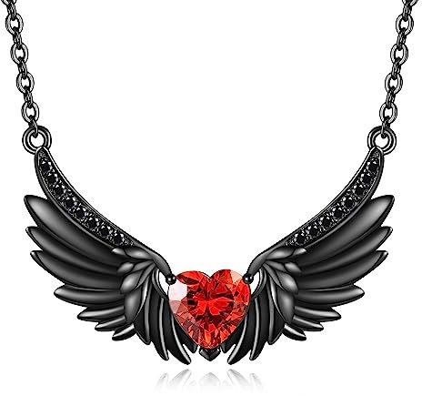 URONE Schwarzer Engel Halsketten Für Frauen 925 Sterling Silber Gothic Halskette Mit Rotem Herz CZ Gothic Schmuck Geschenk Für Männer Mädchen Goth Lover