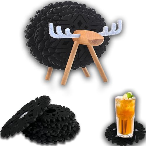 CEASELESLY 12 Stück Filz Untersetzer,Untersetzer gläser,Glas-Tischuntersetzer Getränkeuntersetzer mit Halter,Hirschförmigem Holzhalter,Xmas Geschenke,für Büro Familie Tassenuntersetzer