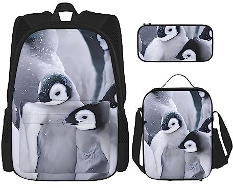Süßer Pinguin Rucksack 3-teilig Schulranzen mit Lunchbox und Federmäppchen Set :>> Geeignet für Jungen und Mädchen, Schwarz , Einheitsgröße, Kinderrucksack