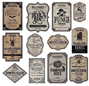 WOTEG 12 Halloween Wine Bottle Labels - Decoration Accessories - Spooky Fun Drink Stickers - Glass Decals, Halloween Table Decorations, Housewarming Wine Bottle Labels, Halloween Wine Bottle Decor