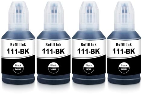 Yongairuink 111 Encre 111 Bouteille d'encre Multipack pour ET-M1100 ET-M1120 ET-M1140 ET-M1170 ET-M1180 ET-M2120 ET-M2140 ET-M2170 ET-M3140 ET-M3170 ET-M3180 (4 Noir)