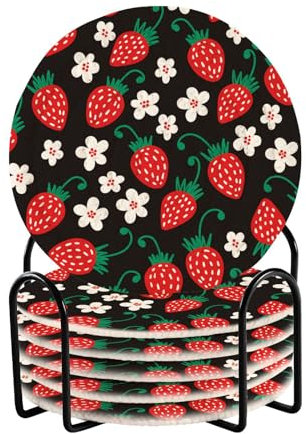 Rote Erdbeer-Untersetzer für Esstisch, 6 Stück, mit Halterrollen, ästhetische Untersetzer für Schreibtisch-Untersetzer für Holztisch