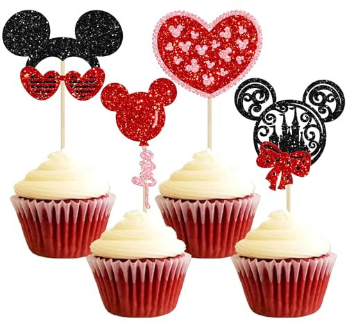 Gyufise 24Pcs Happy Valentines Day Cupcake Toppers Glitter Red Love Mouse Castle Love Balloon Cupcake Picks for Valentine's Wedding Party Holiday Supplies