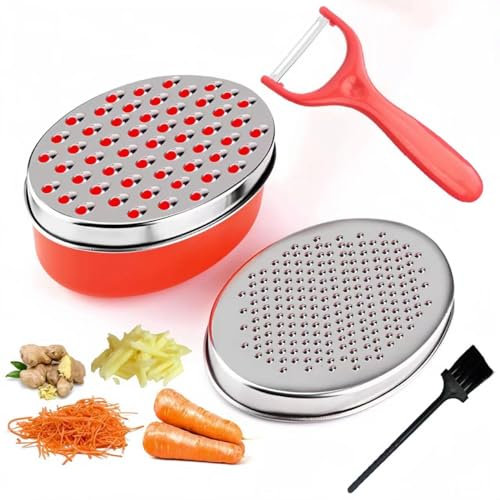 Cheese Grater, Stainless Steel Vegetable Chopper, Kitchen Cheese Chopper with Food Storage Container and Lid, Perfect for Hard Parmesan Or Cheese Shredder, Ginger, Vegetables, Chocolate & More (Red)
