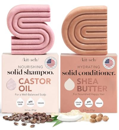 Kitsch Castor Oil Shampoo & Shea Butter Conditioner Bar - Shampoo and Conditioner Set - Moisturising and Moisturising Soap - Paraben Free, Silicone, Sulphate Free - Made in