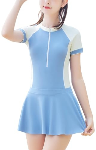 Maeau Maillot de Bain Jupe Fille 2 Deux Pièce 8 9 10 Ans Anti UV Sport Tankini Costume de Plage Shorty Zippé Combinaison de Natation Enfant Rashguard Manche Courte Shorts Tenue Ensemble Piscine Bleu