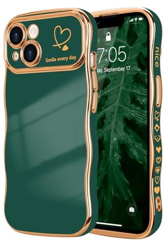 LCHULLE for iPhone 14 Case for Women Girls,Cute Curly Wave Frame Shape Love Heart Pattern Phone Case,Raised Camera Protection Luxury Plating Shockproof Cover for iPhone 14 6.1,Dark Green