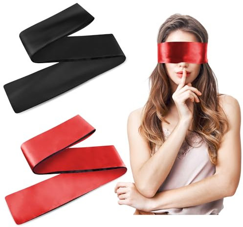 Prasacco 2 Stück Satin Augenbinde, Weiche Schlafmaske 150 x 7 cm Verstellbare Augenabdeckung Reise-Augenmaske Satin Augenmaske für Frauen, Männer, Erwachsene, Paare (Reines Schwarz, Schwarz + Rot)