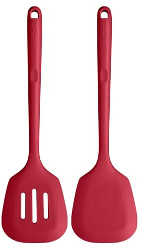 U-Taste 34.5 cm Extra Long Silicone Turners, 315℃ Heat Resistant Solid & Slotted Kitchen Spatula, Non Stick Flexible Rubber Cooking Flipper for Frying, Flipping Eggs, Fish, Pancake (Red, 2pcs)
