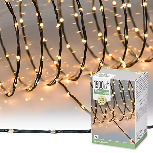 ECD Germany Catena Luminosa a 1500 Micro LED 45 m Bianco Extra Caldo 8 Funzioni Alimentazione a Corrente IP44 Impermeabile per Interni Esterni Luci Decorazione Natalizie Grappolo per Albero di Natale