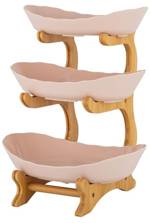 Alnemy Keramik Obst Etagere mit 3 Etagen,Obstkorb Etagere für die Familie,Obstschale Modern mit Natürlichem Bambus Steher für Gemüse,Obst,Snacks,Spielzeug (Beige)