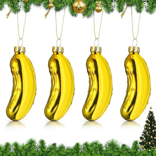 Hejo 4 Stück Weihnachtsgurke Christbaumschmuck Gold Klein, Gurke Weihnachtsschmuck aus Glas, Mehrweg Baumschmuck Tannenbaum Christbaum Gurken, Weihnachtskugeln Gurke für Weihnachtsdeko Eventdeko(Gold)