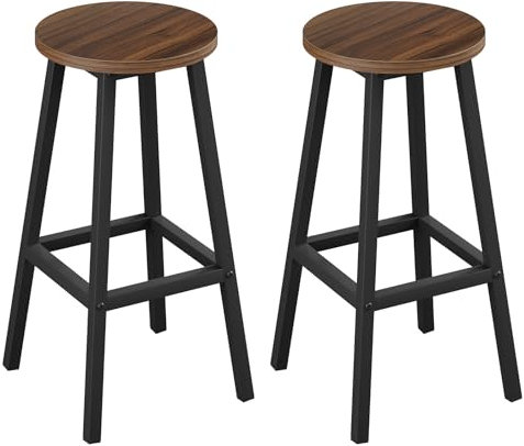 Klihome Tabouret de Bar Lot de 2, Tabouret Fixe Haut, Chaise Haute Cuisine, Siège Rond en Bois d'Ingénierie, Structure Métallique, Repose-Pieds, Style Moderne/Industriel, Chêne foncé, K0009BH-2