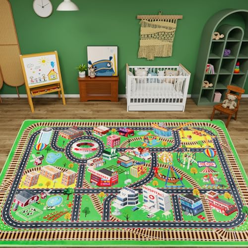 AKUNRUG Stadtleben Kinderteppich Spielmatte für Spielzeugautos, 150×100 cm Straßenverkehr-Spielmatte für Jungen-Spielzimmer