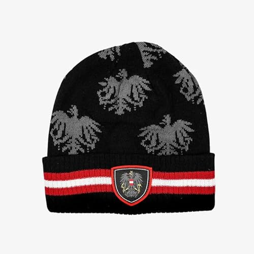 Hoamatkult Österreich Kult Mütze – Warme Winter Haube mit Adler Wappen – Jacquard Beanie mit RIPP-Strick Umschlag – Unisex & Elastisch – Kuschelig weich - Klassiker
