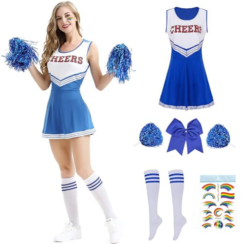 Cheerleader Kostüm Damen für Erwachsene,Cheerleading outfit,Cheerleadering Outfit,High school musical cheerleader kostüm,Cheerleader Pompoms für Verkleidung Karneval Party Cosplay Fasching Halloween