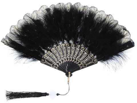 PATIKIL Embroidered Flower Marabou Feather Fan, 1920s Vintage Folding Handheld Fan Chinese Flapper Hand Fan for Costume Party Dancing Wedding Show Tea Decoration, Black