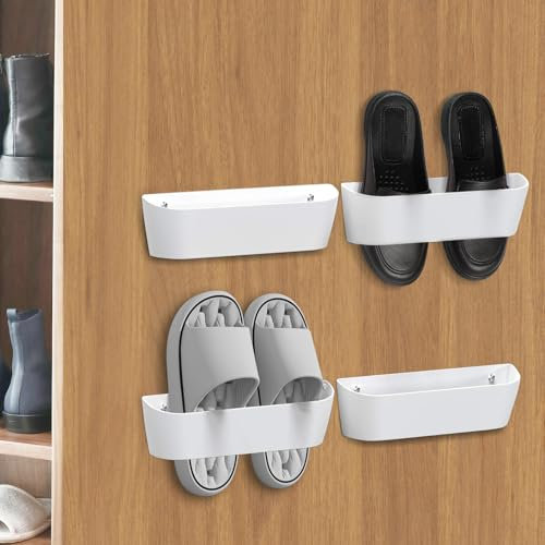 Domemit Wall Mounted Shoes Rack, Motorhome Shoe Holder, Wall Shoe Rack Shoe Hooks Self Adhesive or Drilling 2 Ways Installation, Caravan Accessories Essentials Gadgets, Door Shoe Hangers White- 4Pack