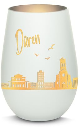 Gravur-Max Windlicht mit 360° Gravur Skyline Düren Deko Glaslicht als tolles Geschenk mit Einer hochwertigen Lasergravur zu jedem Anlass in der Farbe Weiß/Silber