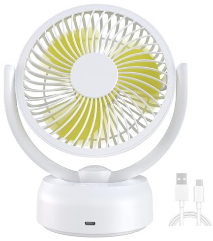 CATGIFF Ventilatore da Tavolo, Ventilatore a Batteria Ricaricabile Silenzioso Potente, 3 Velocità, Testa Girevole a 180°,Ventilatore da Scrivania per Scrivania Ufficio Casa Viaggi Campeggio Bianco