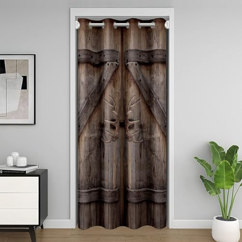 Loussiesd Erwachsene Vintage Holz Scheunentür Türvorhang 106x203cm,Bauernhaus Country Closet Vorhang für Schlafzimmer Wohnzimmer, Scheune Rural Village Brown Vorhang für Innentür Raumteiler
