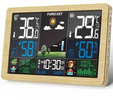 Station Météo Avec Capteur Extérieur, DCF Écran LCD Sans Fil Coloré Météorologique Numérique Baromètre Phase de Lune Alarme Réveil Météo Prévision Rétroéclairage Réglable