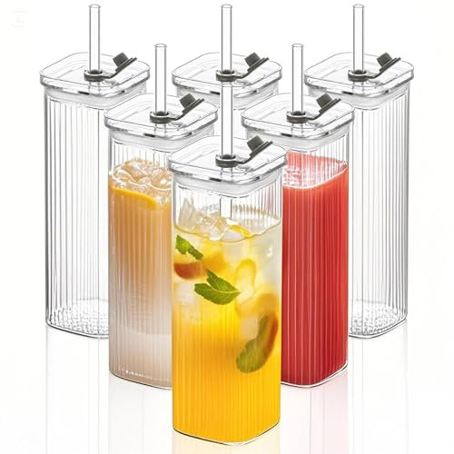 KEMORELA 6er Set Quadratische Gläser mit Deckel & Strohhalm – 500ml Streifen Trinkgläser aus Glas – Wiederverwendbare Wassergläser für Eiskaffee, Cocktails, Smoothies & Softdrinks