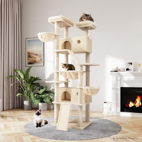 MUTICOR kratzbaum groß,206 cm hoch, Mehreren Ebenen Großes Kletterbaumhaus für große Katzen/Kratzbaum für Wohnungskatzen/Plüsch-Sitzplattformen/Korbhängematte/breite Basis/Beige