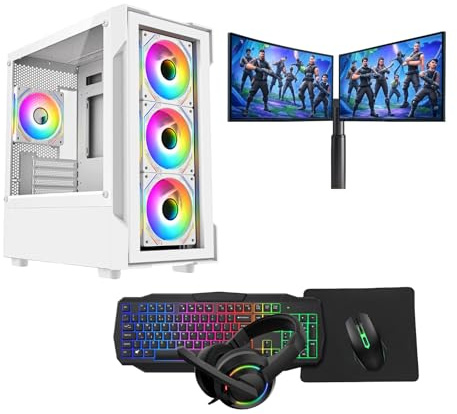 Gaming PC Set – Intel Core i7, GT710 2GB Graphics, 16GB RAM, 128GB SSD + 1TB HDD, Windows 11 Pro, Dual 22 Monitors, Keyboard, Mouse, Headset – Gaming PC Bundle (Neo White)