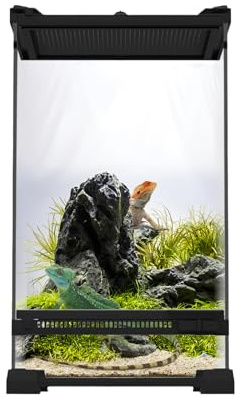 Reptil Fütterungsbox, Reptilien Errarium Fütterungsbox mit Frontbelüftung, Terrarium aus Glas mit Ausbruchsicherer Drehverschluss, Allzweckbehälter für Reptilien, Amphibien, Schwarz, 20x20x30cm