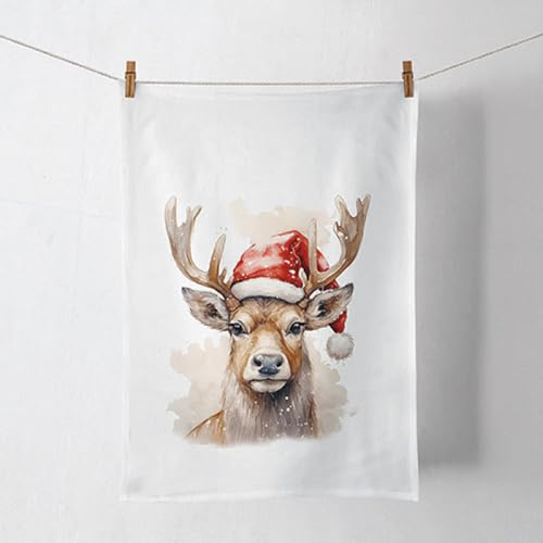 Ambiente Küchentuch Baumwolle 50x70cm mit Hirsch Weihnachtsmotiv - strapazierfähig & pflegeleicht - Küchenwäsche Winter Weihnachten - Geschirrtuch Wischtuch Trockentuch - Küchenhandtuch Tiere Weiß