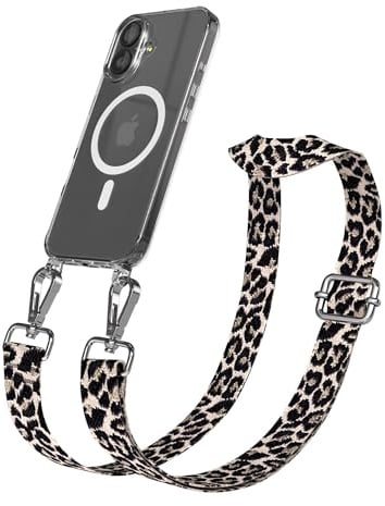 EAZY CASE Handykette - Verstellbares Taschenband kompatibel mit iPhone 17, Schulterriemen, Handykordel mit Silikon Hülle, Qi Charging kompatibel, Umhängetasche, Leo - Schwarz Beige Silber